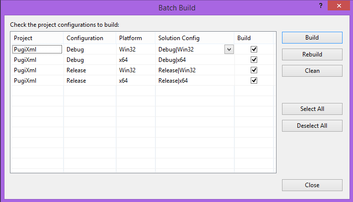 Tick Build for all Solution Configurations and press the Build button.